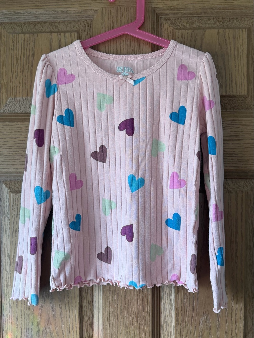 Girls' Pink Ribbed Long Sleeve Top with Multicolor Hearts